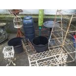 A SELECTION OF GARDEN ITEMS TO INCLUDE WROUGHT IRON PLANTERS