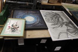 THREE FRAMED AND GLAZED PRINTS TO INCLUDE A ORIENTAL SILK