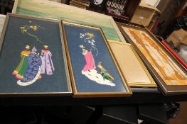 FOUR FRAMED AND GLAZED PRINTS TOGETHER WITH A PICTURE FRAME