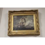 A GILT FRAMED OIL ON CANVAS OF A SHIP