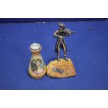 AN ISSAC JEHSKEL FIGURE OF A FIDDLE PLAYER, MARKED 925, AND A VINTAGE SILVER TOP VASE (2)