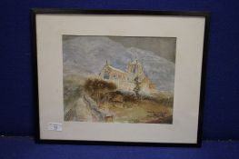 A FRAMED AND GLAZED WATERCOLOUR OF A CHURCH SIGNED TO THE LOWER RIGHT