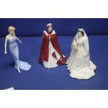 TWO ROYAL WORCESTER FIGURES AND QUEEN ELIZABETH II TOGETHER WITH A ROYAL DOULTON FIGURINE OF LADY