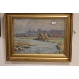 A FRAMED AND GLAZED WATERCOLOUR SIGNED J. W. FULLER