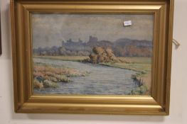 A FRAMED AND GLAZED WATERCOLOUR SIGNED J. W. FULLER