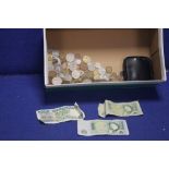 A BOX OF ASSORTED COINS AND BANK NOTES