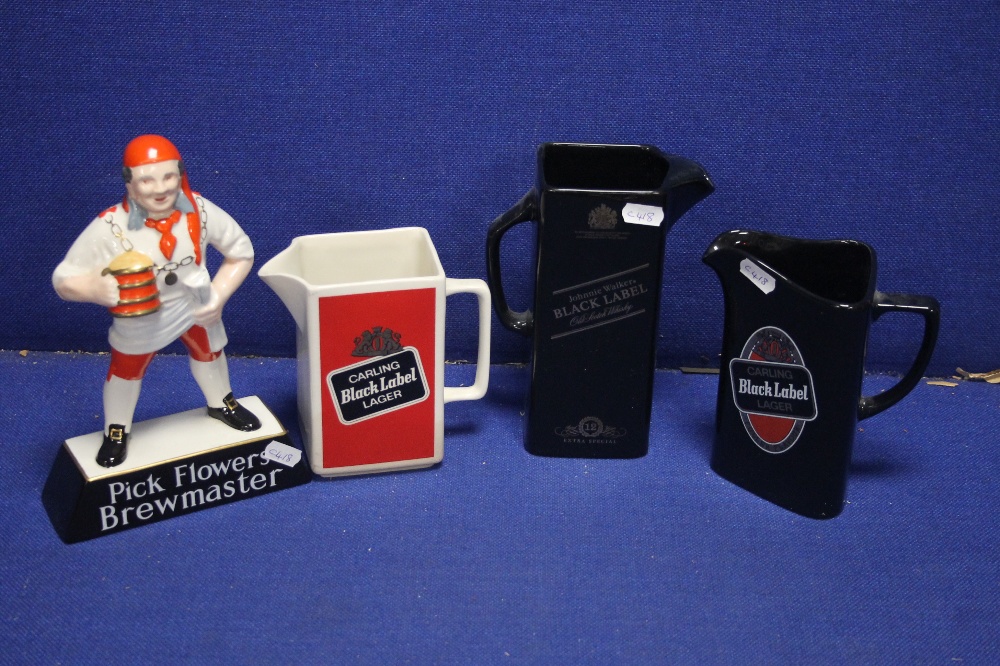 THREE WADE PUB JUGS TOGETHER WITH A CARLTONWARE FLOWERS BEER ADVERTISING FIGURE