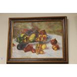 AN OIL ON BOARD SCENE OF FRUIT ON A TABLE 49 CM X 39 CM