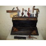 A VINTAGE CARPENTERS TOOL BOX AND CONTENTS