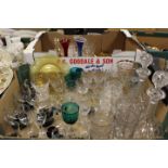 TWO TRAYS OF ASSORTED GLASSWARE TO INCLUDE A PAIR OF DECANTERS, COLOURED GLASS ETC