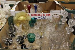 TWO TRAYS OF ASSORTED GLASSWARE TO INCLUDE A PAIR OF DECANTERS, COLOURED GLASS ETC