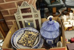 A TRAY OF ASSORTED CHINA ETC TO INCLUDE AN EASTERN MIRROR ETC