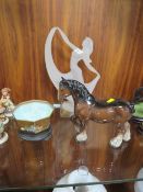 A WEDGWOOD OCTAGONAL LUSTRE BOWL TOGETHER WITH A RESIN DECO FIGURE AND MODEL OF A HORSE (3)