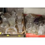 TWO TRAYS OF ASSORTED GLASSWARE TO INCLUDE DECANTERS