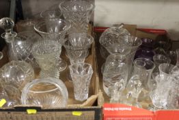 TWO TRAYS OF ASSORTED GLASSWARE TO INCLUDE DECANTERS