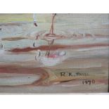 AN R.K. PATEL OIL ON CANVAS DEPICTING FLAMINGOS TOGETHER WITH A HARBOUR SIDE WATERCOLOUR (2)