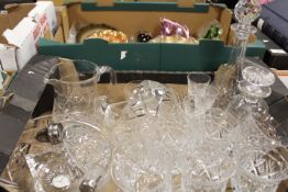 TWO TRAYS OF ASSORTED GLASSWARE TO INCLUDE DECANTERS, SODA SYPHON ETC