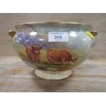 A SIGNED F. CLARKE GILT HANDLED BOWL HANDPAINTED WITH HIGHLAND CATTLE