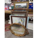 A QUANTITY OF ASSORTED PICTURES AND PRINTS TO INCLUDE AN OVAL GILT FRAMED MIRROR