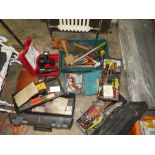 A CRATE OF ASSORTED TOOLS TOGETHER WITH TOOL BOXES AND CONTENTS