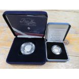 A BOXED SILVER PROOF CROWN ELIZABETH II AND THE QUEEN MOTHER VERSO TOGETHER WITH A BOXED SILVER