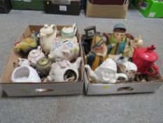 TWO TRAYS OF ASSORTED NOVELTY TEAPOTS ETC