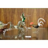 TWO MURANO ART GLASS FIGURES OF HORSES TOGETHER WITH A GLASS MODEL FIGURE OF A COCKEREL (2)