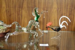 TWO MURANO ART GLASS FIGURES OF HORSES TOGETHER WITH A GLASS MODEL FIGURE OF A COCKEREL (2)