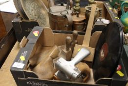 TWO TRAYS OF ASSORTED METALWARE ETC TO INCLUDE COPPER WATERING CAN, WOODEN SHOE LASTS ETC