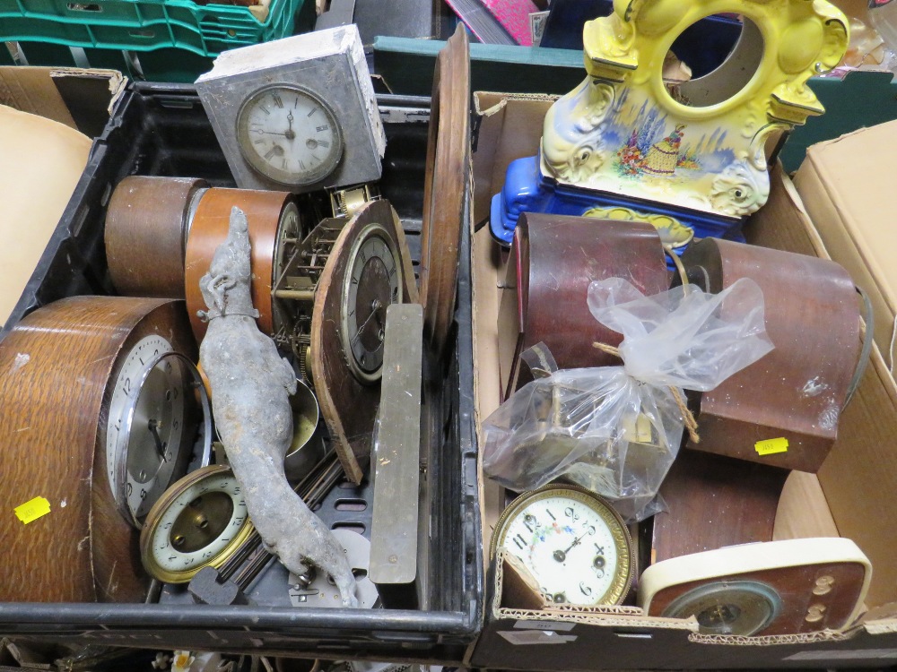 TWO TRAYS OF ASSORTED CLOCK PARTS MOVEMENTS AND CASES TOGETHER WITH A BOXED RAPPORT MYSTERY CLOCK