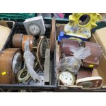 TWO TRAYS OF ASSORTED CLOCK PARTS MOVEMENTS AND CASES TOGETHER WITH A BOXED RAPPORT MYSTERY CLOCK