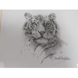 A SMALL FRAMED SIGNED DAVID SHEPHERD TIGER PRINT WITH ASSOCIATED PAPERWORK (IN CABINET)