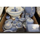 A TRAY OF WEDGWOOD BLUE JASPERWARE