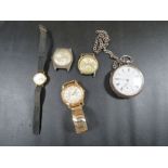 A CHESTER HALLMARKED SILVER 'THE EXPRESS ENGLISH LEVER' POCKET WATCH A/F, TOGETHER WITH FOUR