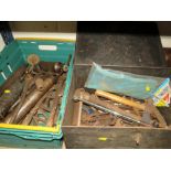 A CRATE OF ASSORTED TOOLS TOGETHER WITH TOOL BOXES AND CONTENTS