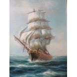 AN OIL ON CANVAS DEPICTING A SAILING BOAT INDISTINCTLY SIGNED