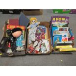 THREE TRAYS OF ASSORTED VINTAGE DOLLS, TOYS AND GAMES ETC