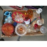 A TRAY OF ASSORTED GLASSWARE TO INCLUDE BLUE VASELINE EXAMPLES ETC