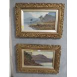 A PAIR OF OIL ON BOARDS DEPICTING MOUNTAINOUS SCENES IN GILT FRAMES