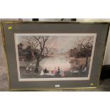 A FRAMED HELEN BRADLEY PRINT SIGNED IN PENCIL - WITH BOOK AND CARD (IN CABINET)