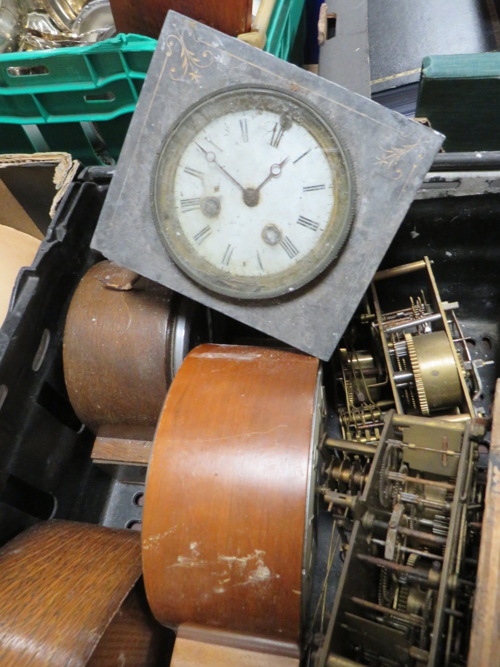 TWO TRAYS OF ASSORTED CLOCK PARTS MOVEMENTS AND CASES TOGETHER WITH A BOXED RAPPORT MYSTERY CLOCK - Image 3 of 7