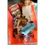 A BOX OF ASSORTED VINTAGE MCDONALDS TOYS, DOLLS FURNITURE INCLUDING A BARBIE SOFA, ETC