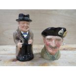 A ROYAL DOULTON WINSTON CHURCHILL TOBY JUG TOGETHER WITH A 'MONTY' CHARACTER JUG (2)