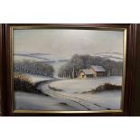 A FRAMED OIL ON CANVAS OF A WINTER SCENE ENTITLED 'DEVON IN WNTER 1985' SIGNED LOWER LEFT BOB TUCKER