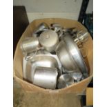 A BOX OF STAINLESS STEEL WARE, COOKING WARE ETC