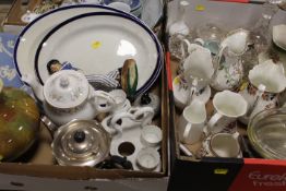 TWO TRAYS OF ASSORTED CERAMICS ETC TO INCLUDE AYNSLEY, WEDGWOOD DAMAGED ROYAL DOULTON FIGURE ETC