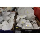 A TRAY OF JOHNSON BROTHERS WHITE TEAWARE TOGETHER WITH ANOTHER TRAY OF WHITE TEAWARE AND A TRAY OF