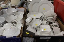 A TRAY OF JOHNSON BROTHERS WHITE TEAWARE TOGETHER WITH ANOTHER TRAY OF WHITE TEAWARE AND A TRAY OF