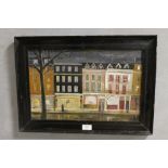 AN OIL ON BOARD OF A STREET SHOP SCENE IN EBONISED FRAME