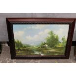 A LARGE FRAMED AND GLAZED OIL ON BOARD OF A RIVERSIDE COTTAGE SCENE